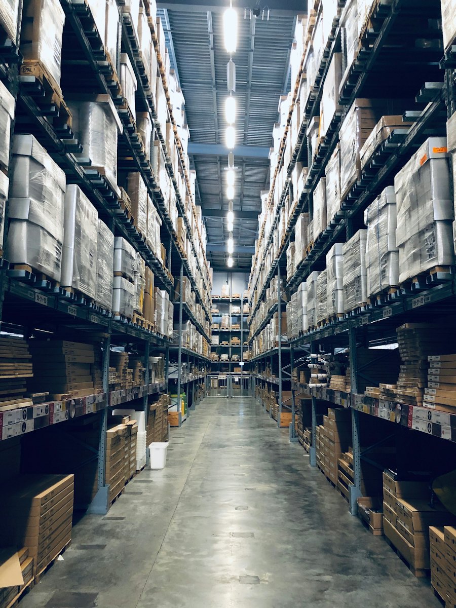A storage warehouse with stacked boxes